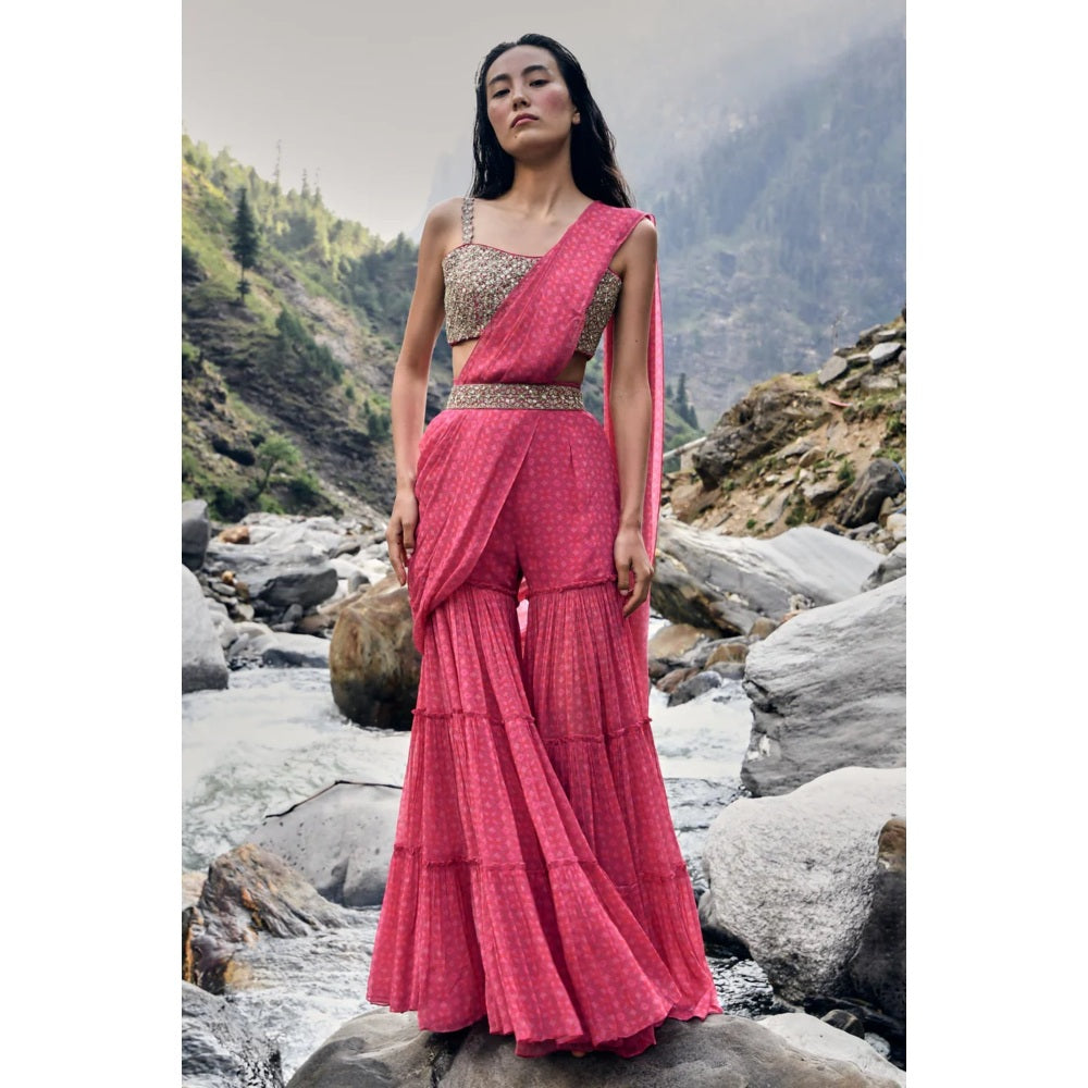 Paulmi & Harsh Pink Geometric Print Sharara Saree with Stitched Blouse