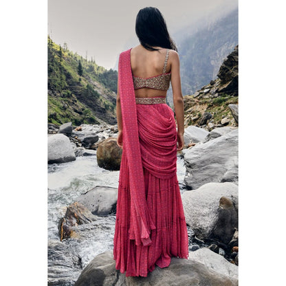 Paulmi & Harsh Pink Geometric Print Sharara Saree with Stitched Blouse