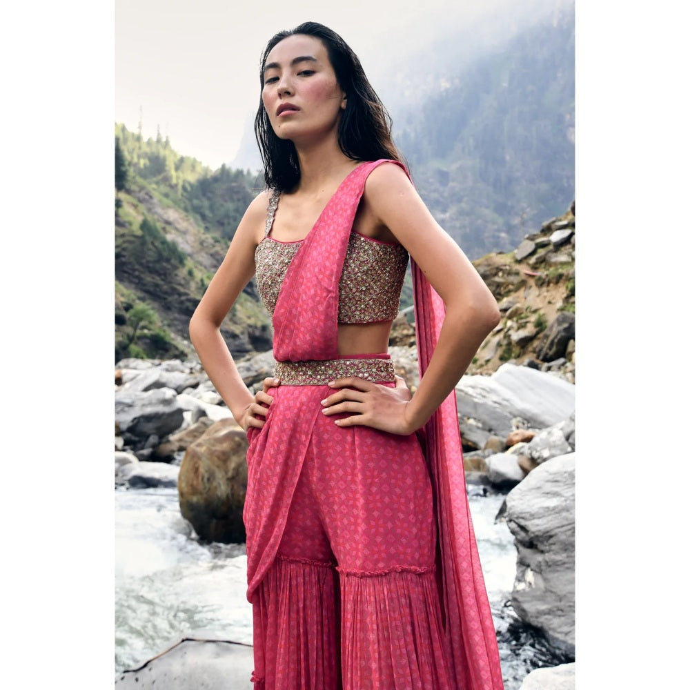 Paulmi & Harsh Pink Geometric Print Sharara Saree with Stitched Blouse
