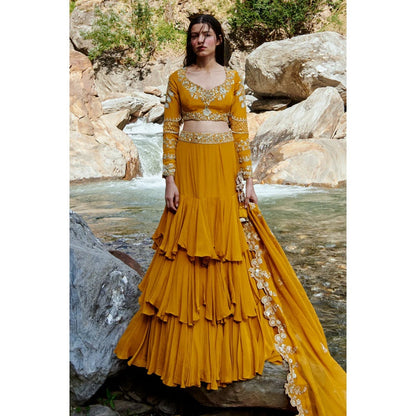 Paulmi & Harsh Ochre Yellow 3-layered Lehenga (Set of 3)
