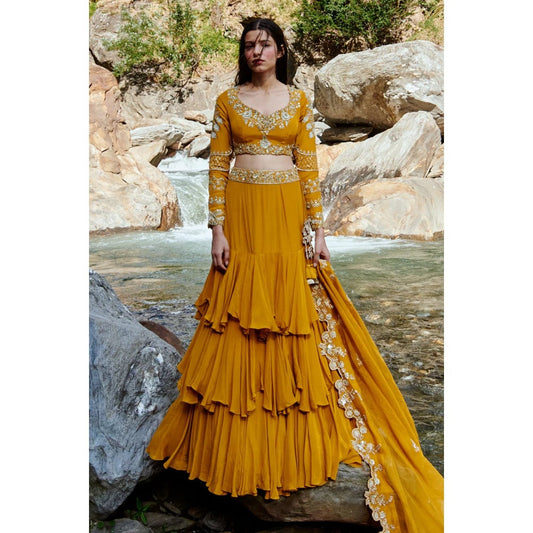 Paulmi & Harsh Ochre Yellow 3-layered Lehenga (Set of 3)