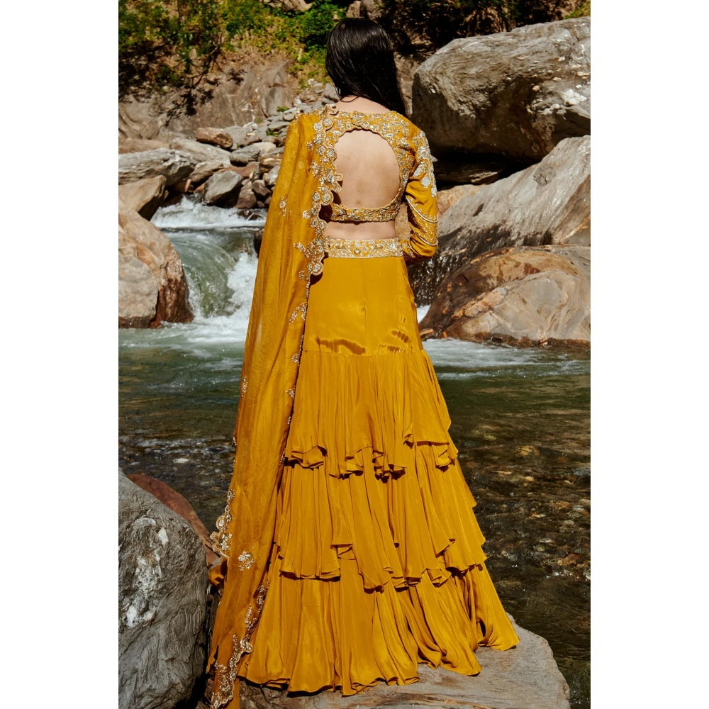 Paulmi & Harsh Ochre Yellow 3-layered Lehenga (Set of 3)