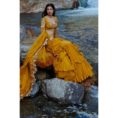 Paulmi & Harsh Ochre Yellow 3-layered Lehenga (Set of 3)