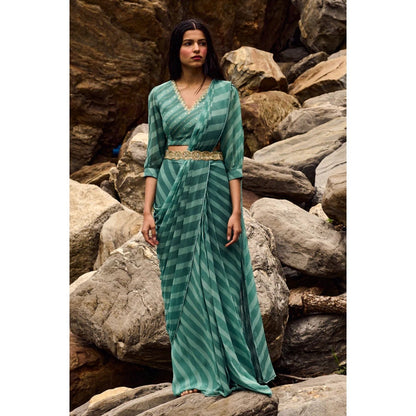 Paulmi & Harsh Tea Pot Blue Leheriya Pre Draped Saree with Stitched Blouse