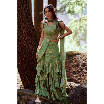 Paulmi & Harsh Fern Green Naksha Pre Draped Saree with Stitched Blouse