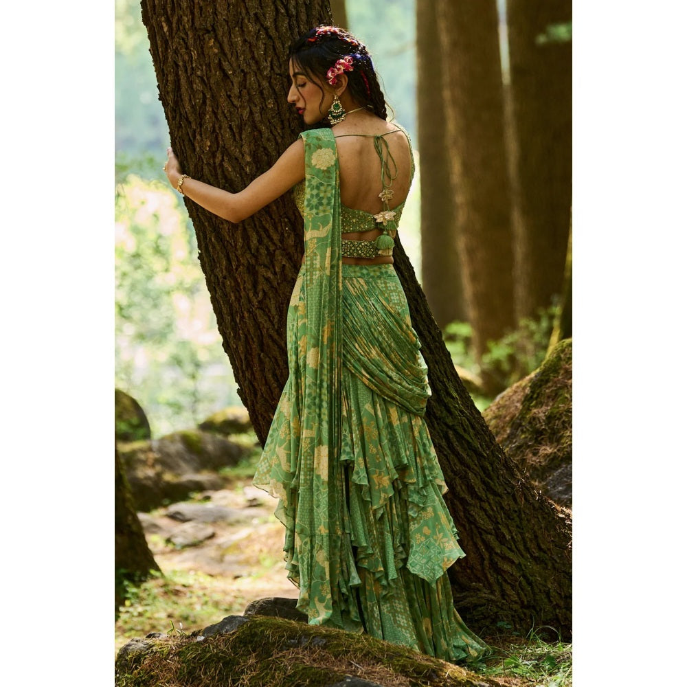 Paulmi & Harsh Fern Green Naksha Pre Draped Saree with Stitched Blouse