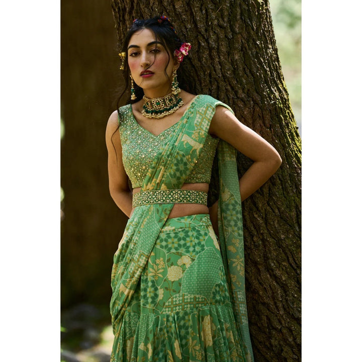 Paulmi & Harsh Fern Green Naksha Pre Draped Saree with Stitched Blouse