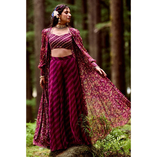 Paulmi & Harsh Grape Purple Leheriya Print Jacket (Set of 3)