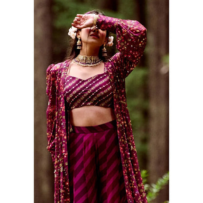 Paulmi & Harsh Grape Purple Leheriya Print Jacket (Set of 3)