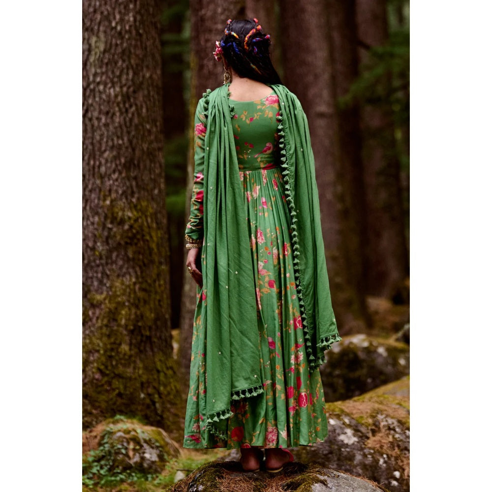 Paulmi & Harsh Fern Green Anarkali with Cotton Dupatta (Set of 2)
