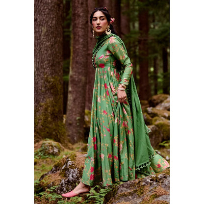 Paulmi & Harsh Fern Green Anarkali with Cotton Dupatta (Set of 2)