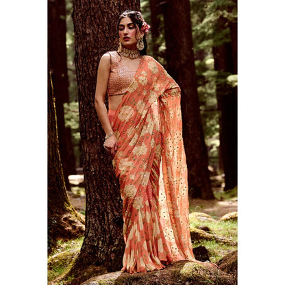 Paulmi & Harsh Sherbet Orange Georgette Saree with Stitched Blouse