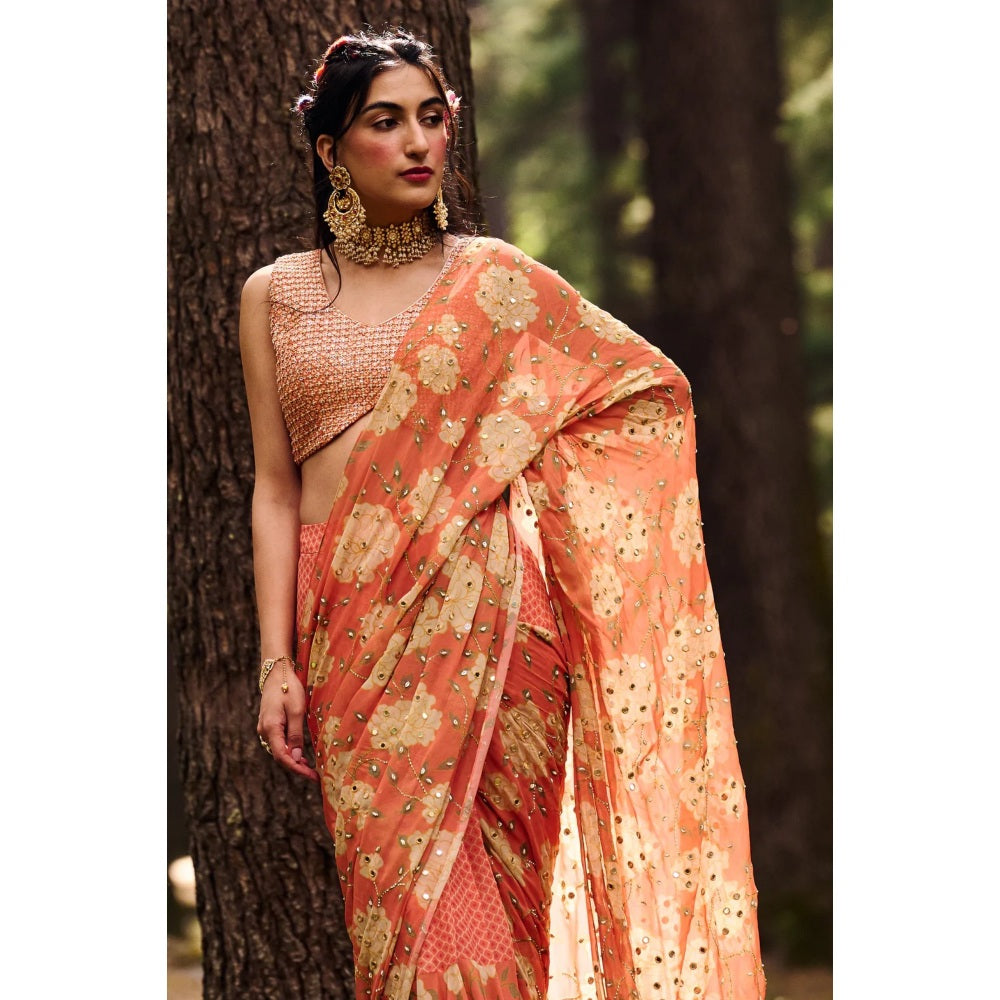 Paulmi & Harsh Sherbet Orange Georgette Saree with Stitched Blouse