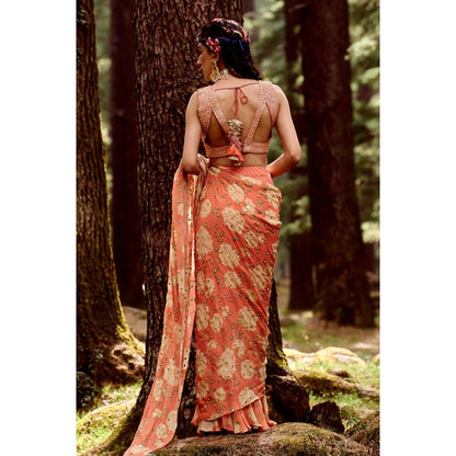 Paulmi & Harsh Sherbet Orange Georgette Saree with Stitched Blouse