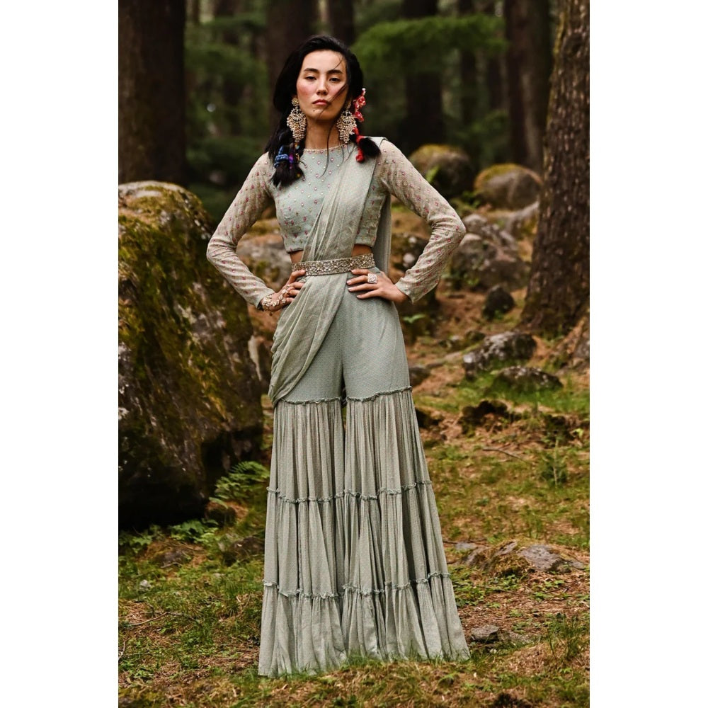 Paulmi & Harsh Flame Print Sharara Saree with Stitched Blouse