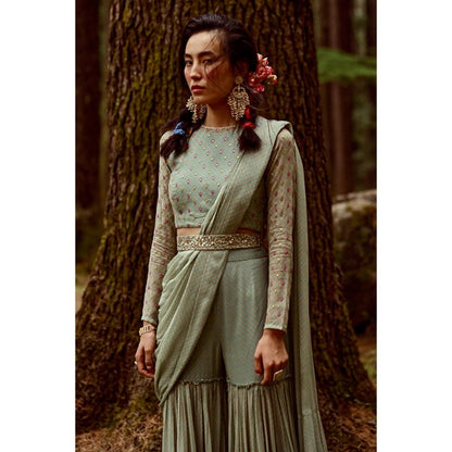 Paulmi & Harsh Flame Print Sharara Saree with Stitched Blouse