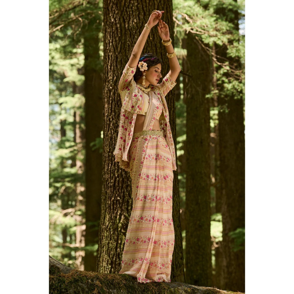 Paulmi & Harsh Off White Rose Border Print Pre Draped Saree with Stitched Blouse