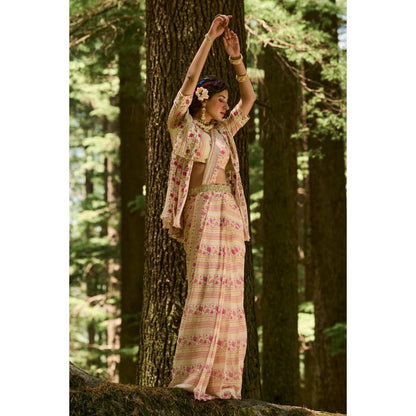 Paulmi & Harsh Off White Rose Border Print Pre Draped Saree with Stitched Blouse