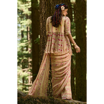 Paulmi & Harsh Off White Rose Border Print Pre Draped Saree with Stitched Blouse