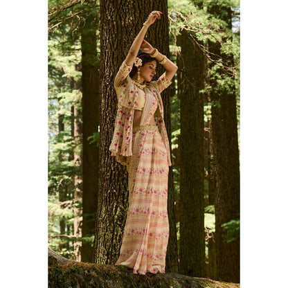 Paulmi & Harsh Off White Rose Border Print Pre Draped Saree with Stitched Blouse