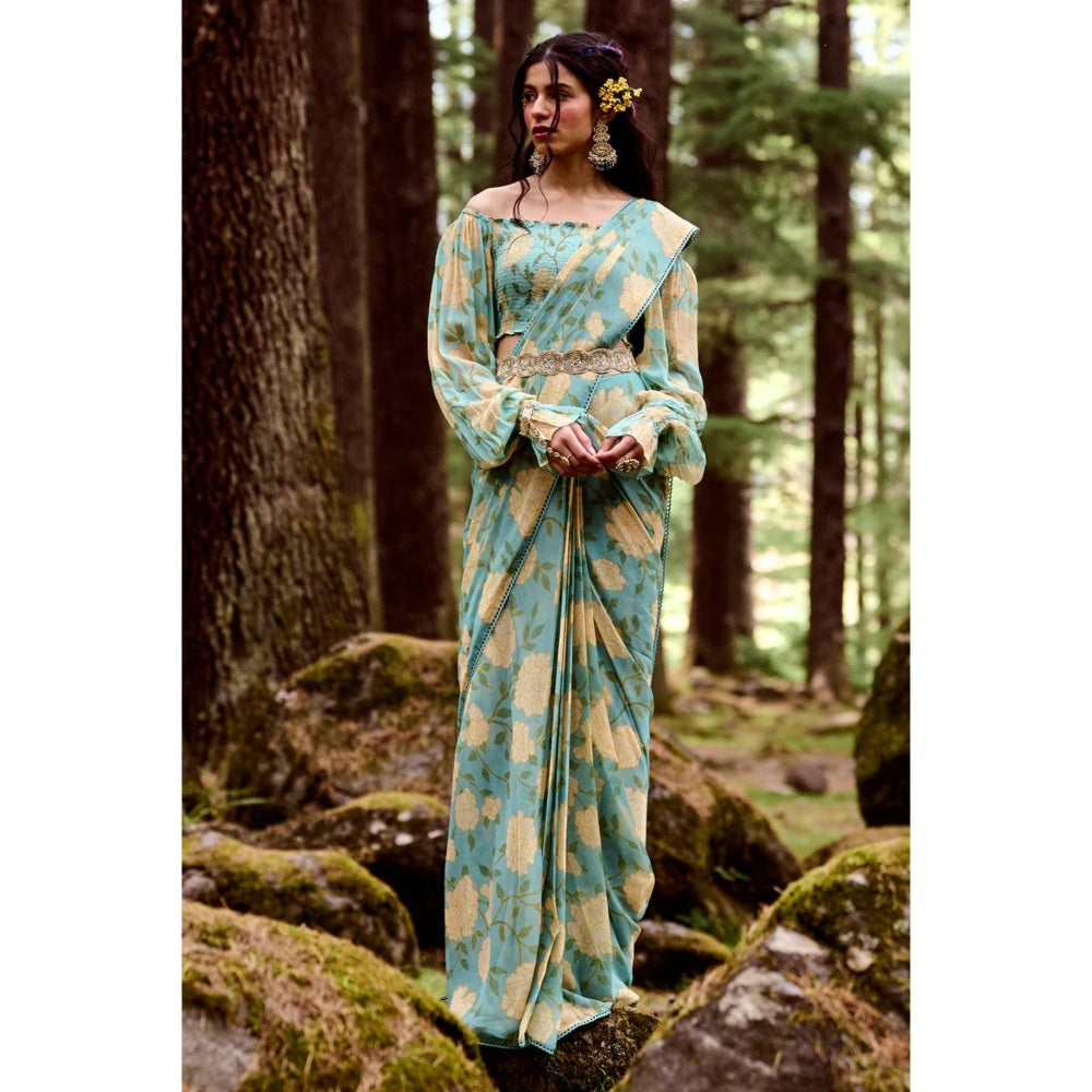 Paulmi & Harsh Teapot Blue Blooming Floral Pre Draped Saree with Stitched Blouse