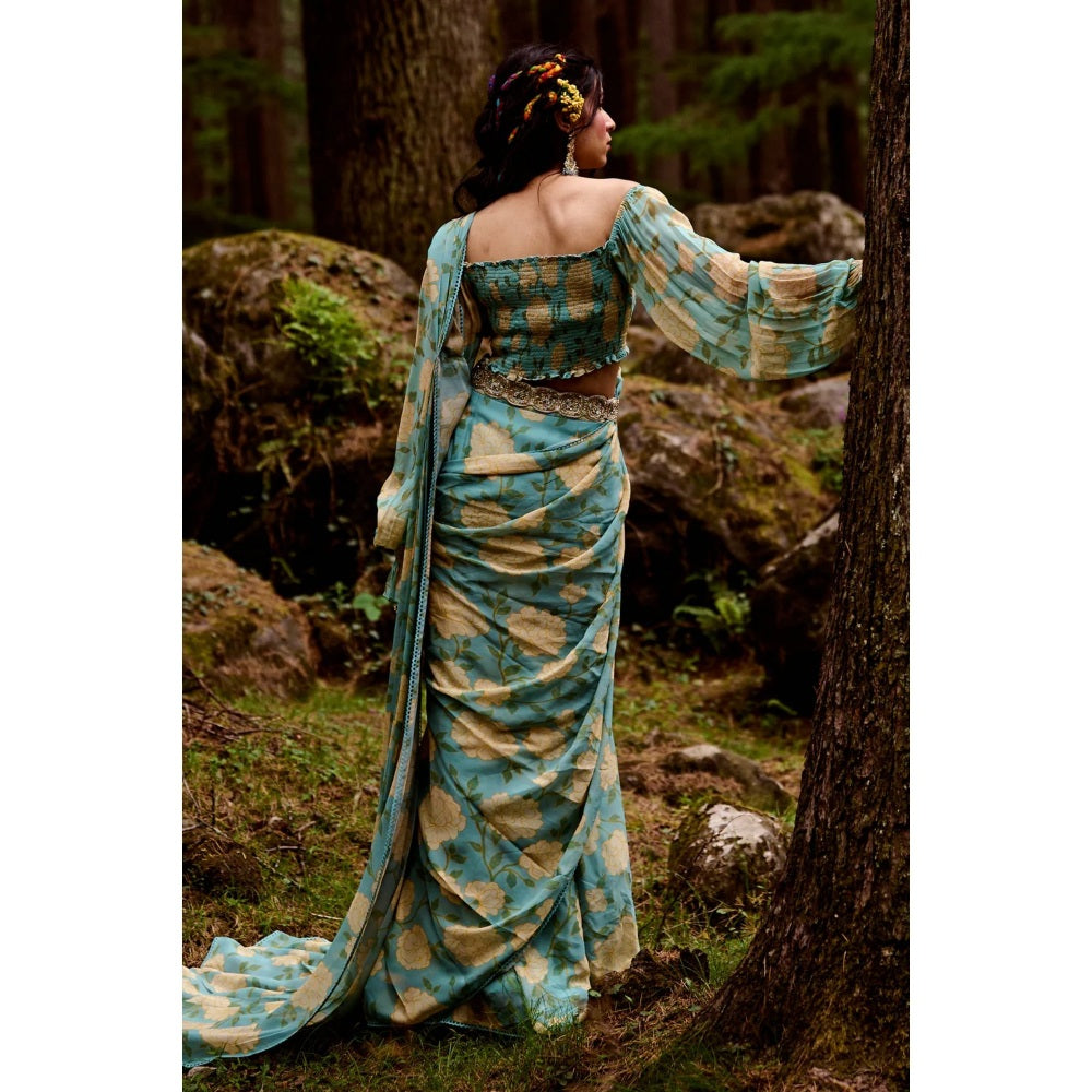 Paulmi & Harsh Teapot Blue Blooming Floral Pre Draped Saree with Stitched Blouse