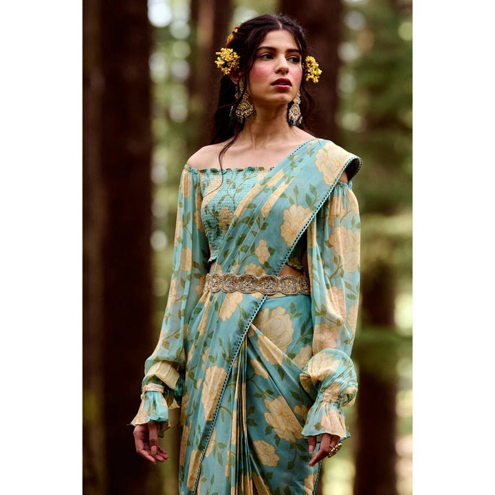 Paulmi & Harsh Teapot Blue Blooming Floral Pre Draped Saree with Stitched Blouse