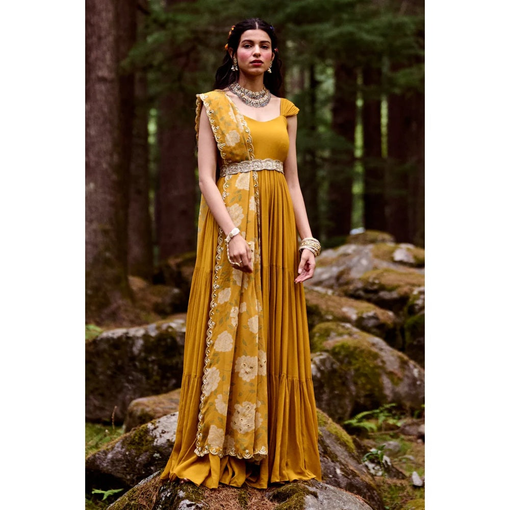 Paulmi & Harsh Ochre Yellow 3-Layered Maxi Dress (Set of 3)