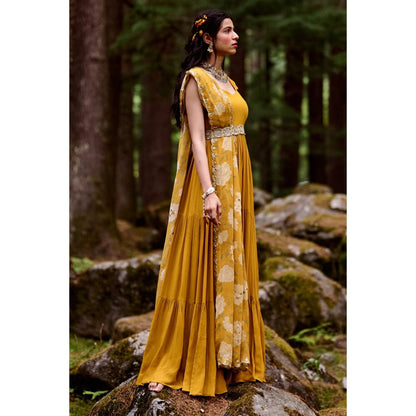Paulmi & Harsh Ochre Yellow 3-Layered Maxi Dress (Set of 3)