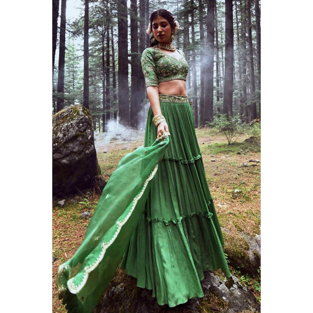 Paulmi & Harsh Fern Green Jungle Embroidered Lehenga (Set of 3)