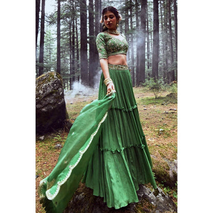 Paulmi & Harsh Fern Green Jungle Embroidered Lehenga (Set of 3)