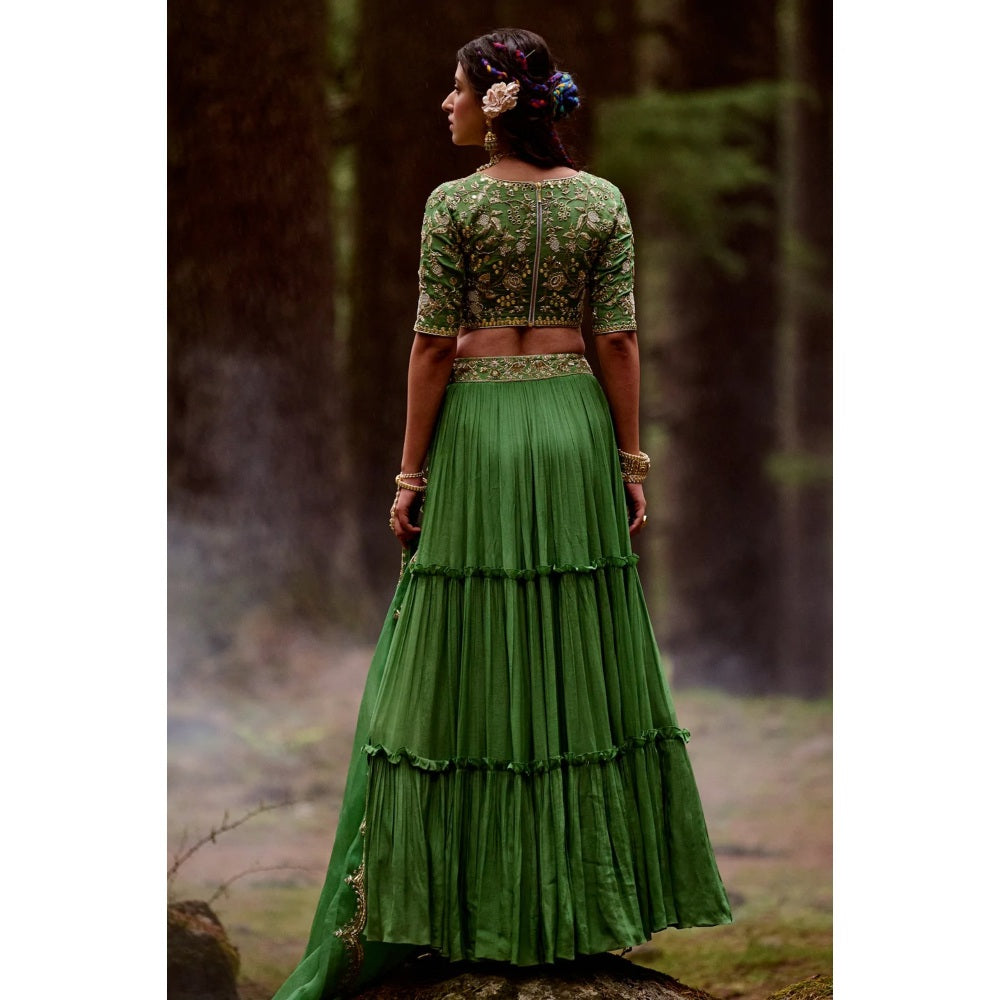 Paulmi & Harsh Fern Green Jungle Embroidered Lehenga (Set of 3)