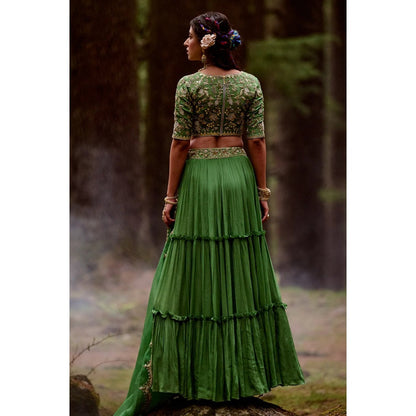 Paulmi & Harsh Fern Green Jungle Embroidered Lehenga (Set of 3)