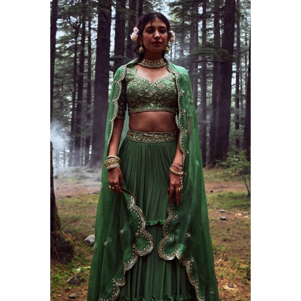 Paulmi & Harsh Fern Green Jungle Embroidered Lehenga (Set of 3)