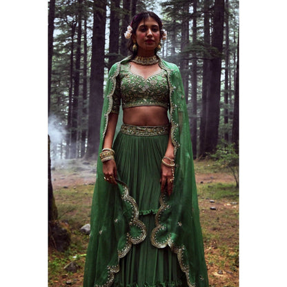 Paulmi & Harsh Fern Green Jungle Embroidered Lehenga (Set of 3)
