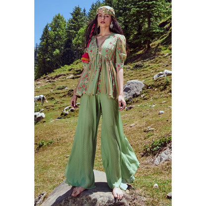 Paulmi & Harsh Embellished Fern Green Peplum with Palazzos (Set of 2)