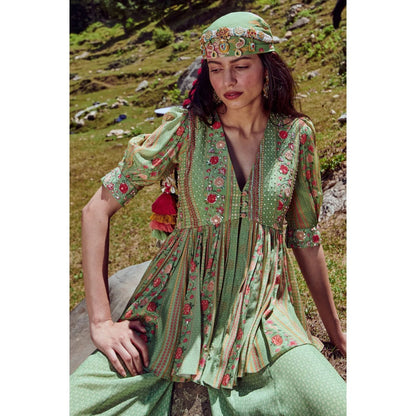 Paulmi & Harsh Embellished Fern Green Peplum with Palazzos (Set of 2)