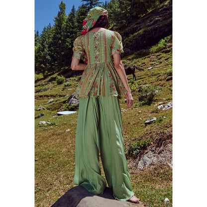 Paulmi & Harsh Embellished Fern Green Peplum with Palazzos (Set of 2)