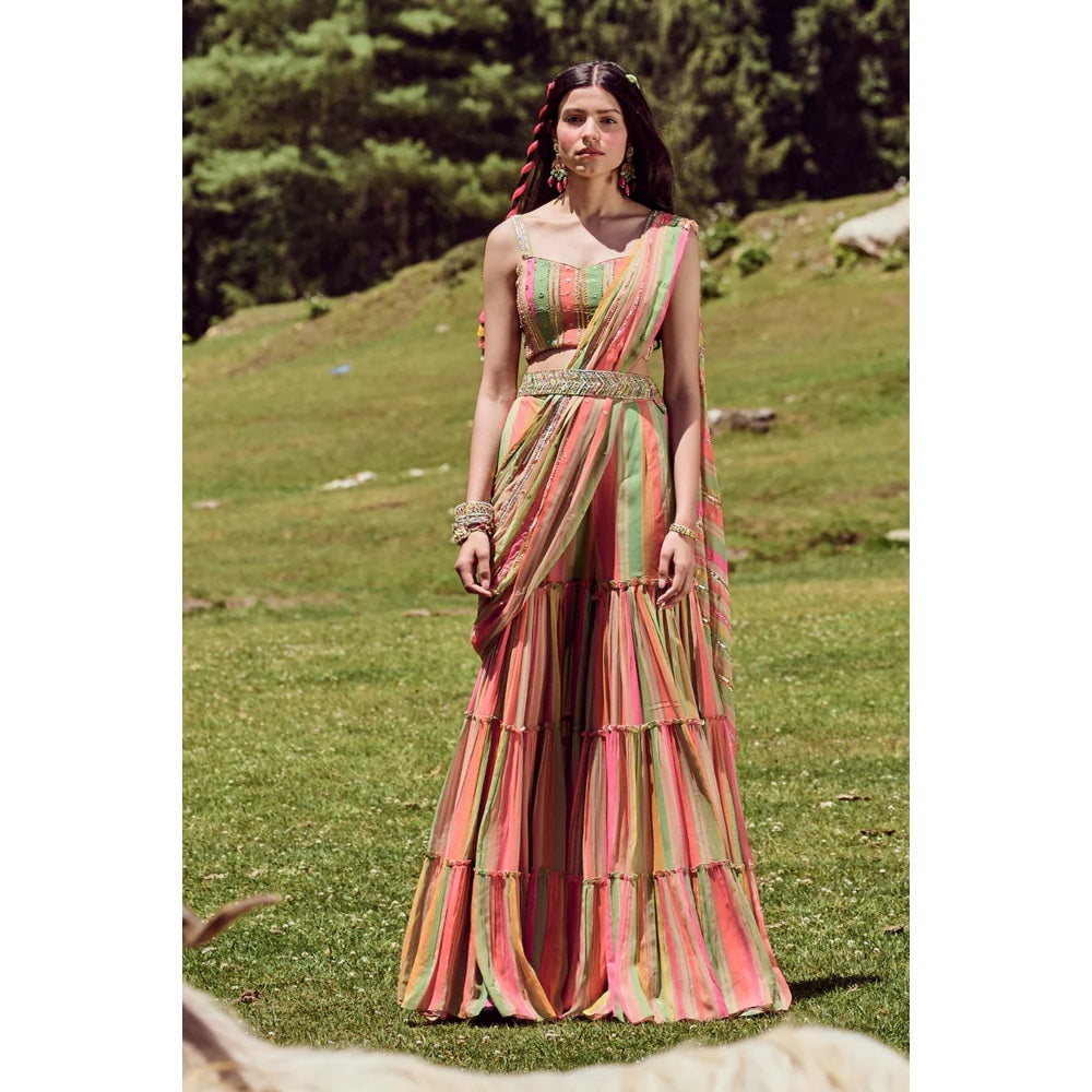 Paulmi & Harsh Multi coloured Stripes Sharara Saree with Stitched Blouse