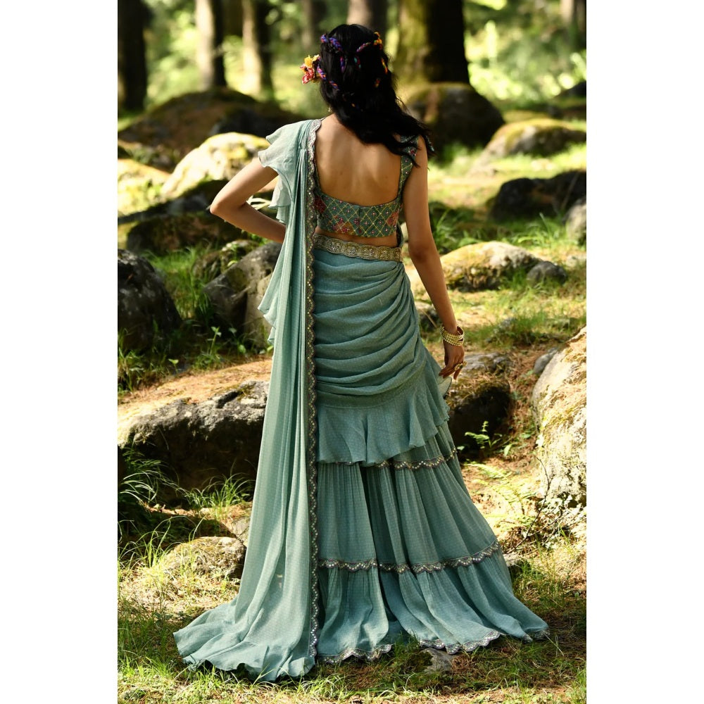 Paulmi & Harsh Mellow Geometric Jungle Print Saree with Stitched Blouse