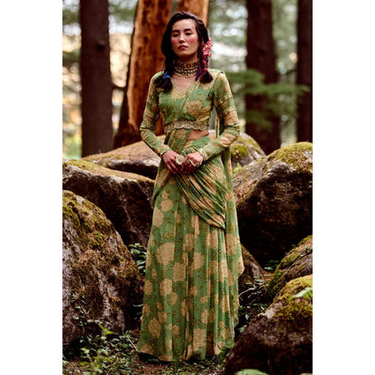 Paulmi & Harsh Fern Green Rose Print Pre Draped Saree with Stitched Blouse