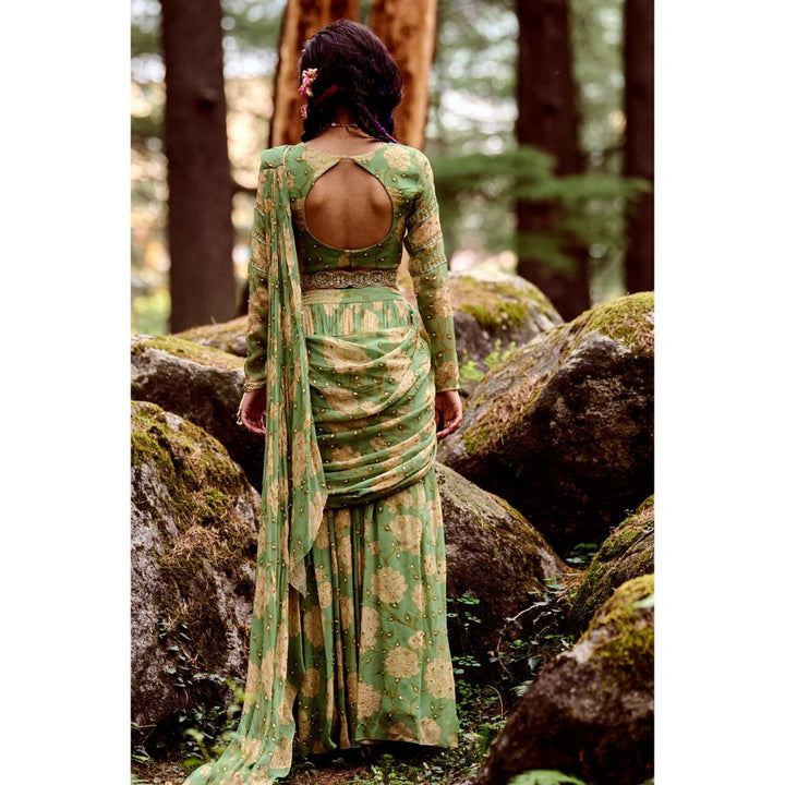 Paulmi & Harsh Fern Green Rose Print Pre Draped Saree with Stitched Blouse