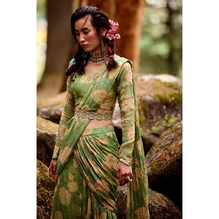 Paulmi & Harsh Fern Green Rose Print Pre Draped Saree with Stitched Blouse