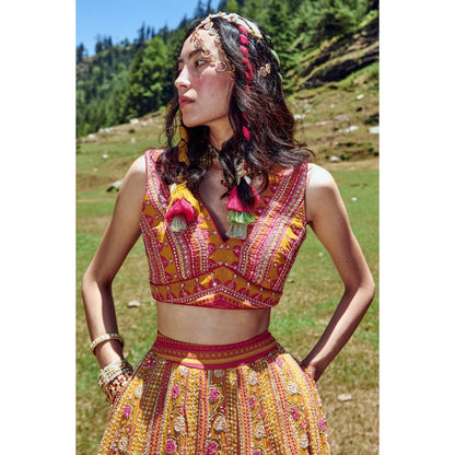 Paulmi & Harsh Ochre Yellow Rose Border Lehenga (Set of 3)