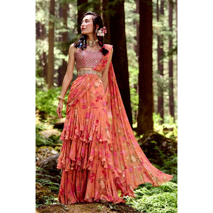 Paulmi & Harsh Sherbet Orange Jungle Print 3-layered Saree with Stitched Blouse