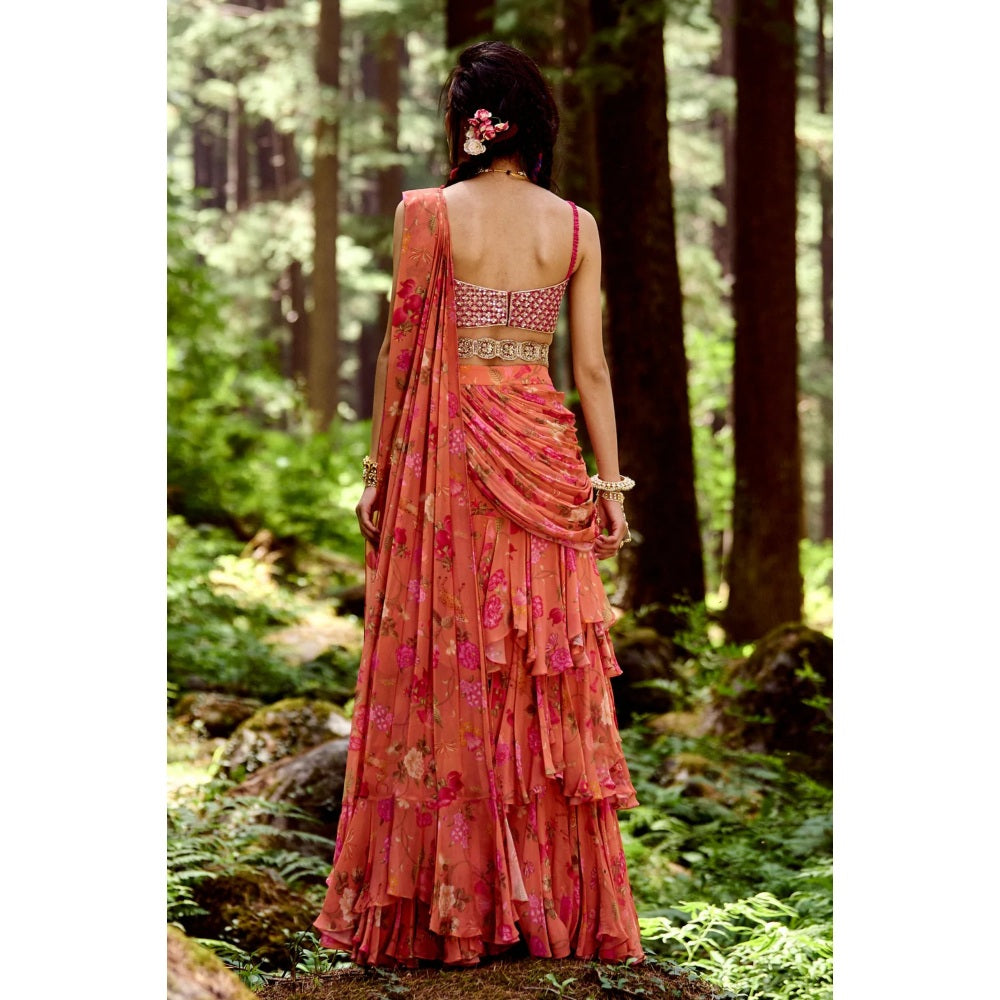 Paulmi & Harsh Sherbet Orange Jungle Print 3-layered Saree with Stitched Blouse