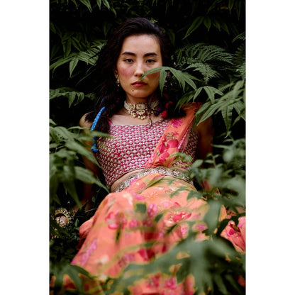 Paulmi & Harsh Sherbet Orange Jungle Print 3-layered Saree with Stitched Blouse
