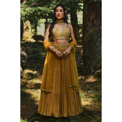 Paulmi & Harsh Yellow Flame Print 3-layered Lehenga (Set of 4)