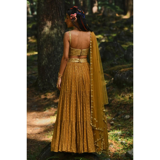 Paulmi & Harsh Yellow Flame Print 3-layered Lehenga (Set of 4)