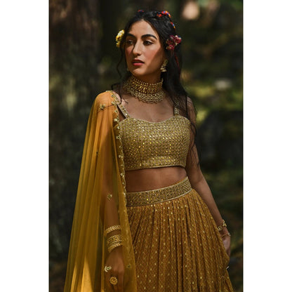 Paulmi & Harsh Yellow Flame Print 3-layered Lehenga (Set of 4)